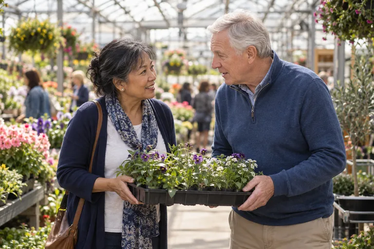 Two people leaning in to hear each other over the noise of a busy garden centre, a tray of plants between them