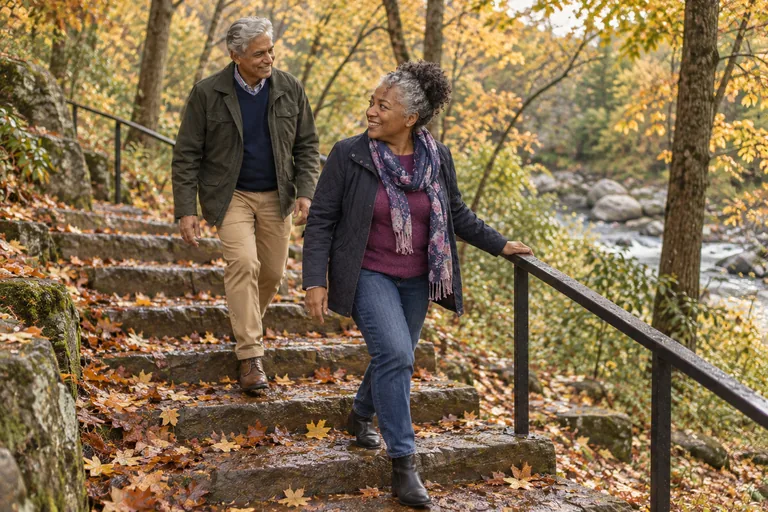 A woman coming down wide stone park steps in autumn, one hand on the rail, turning to answer a friend behind her