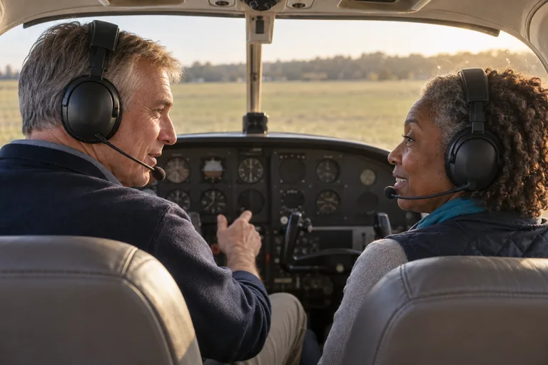 Two pilots in the cockpit of a small unmarked aircraft, headsets on, talking through the checks before a flight
