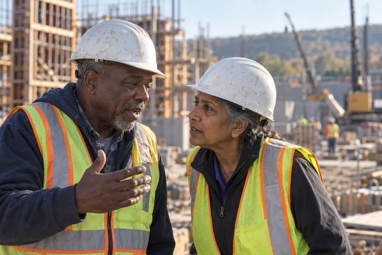 Two workers in hi-vis and hard hats on a construction site, leaning in to hear each other over the machinery