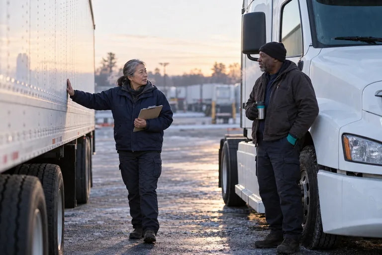 A commercial driver doing the walk around check of a plain white transport truck at first light, talking to a colleague