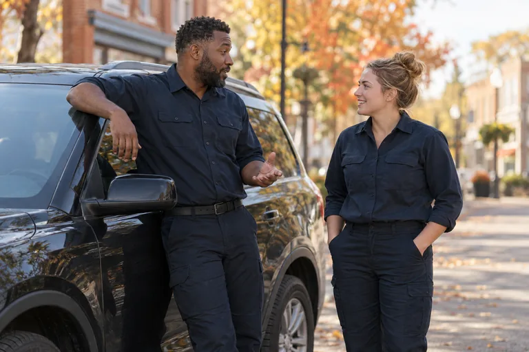 Two officers in plain dark uniforms talking beside an unmarked vehicle on a quiet city street