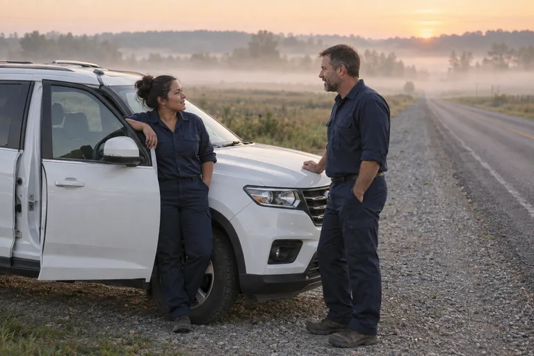 Two officers in plain dark uniforms talking beside an unmarked vehicle on a rural highway shoulder at first light