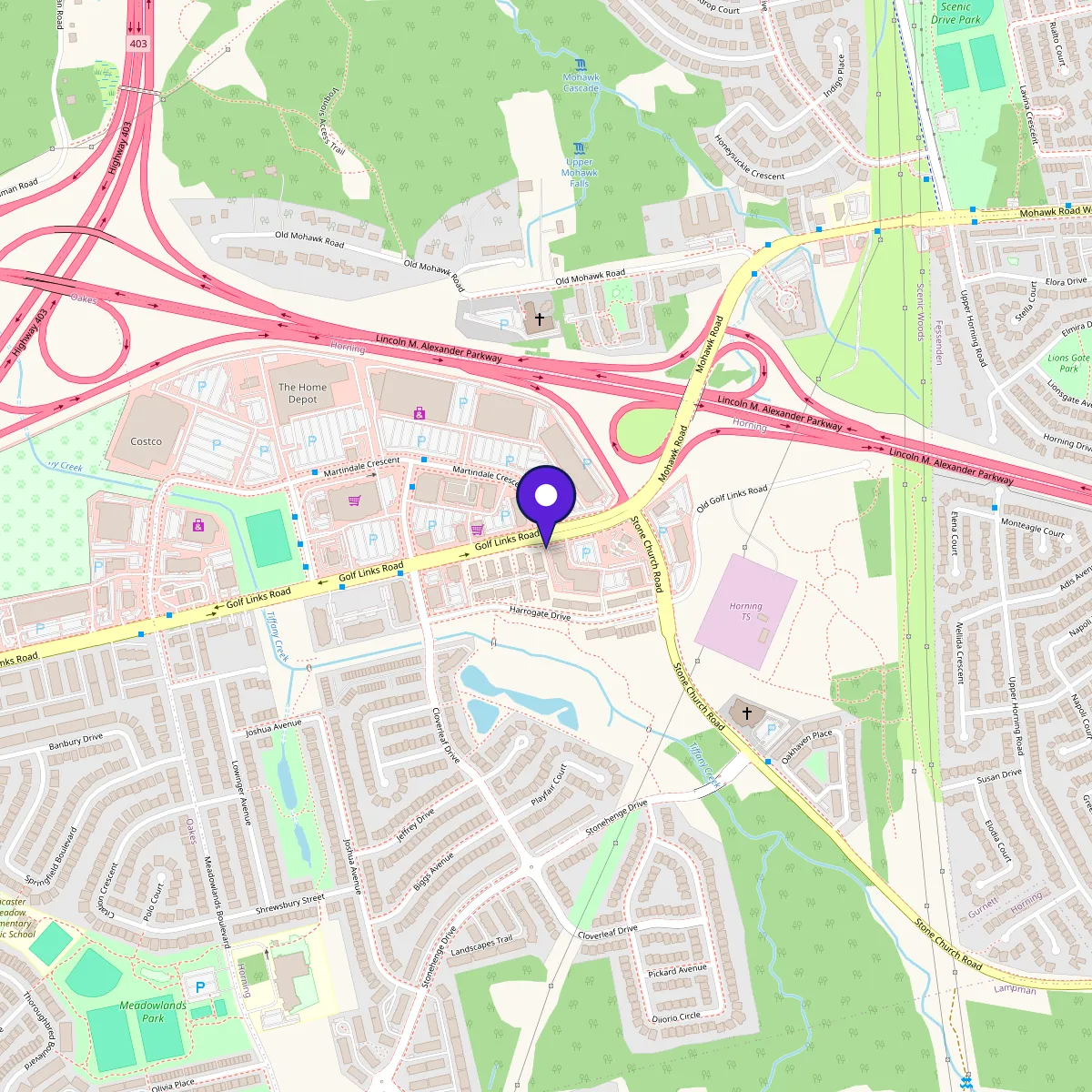Map of 7-1100 Golf Links Road in Ancaster, near Highway 403 and the Lincoln Alexander Parkway. Opens Google Maps.
