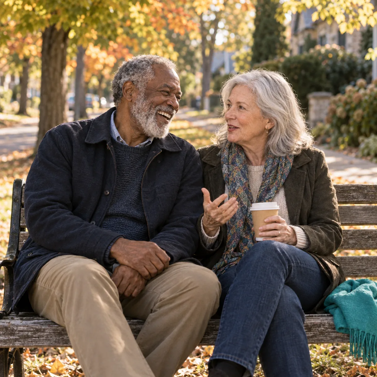 Two friends in their sixties laughing together on a bench under autumn maples