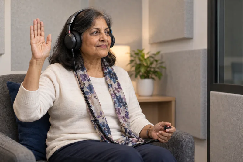 A woman in her early sixties in a sound treated test room, wearing audiometric headphones and raising a hand to signal she has heard a tone