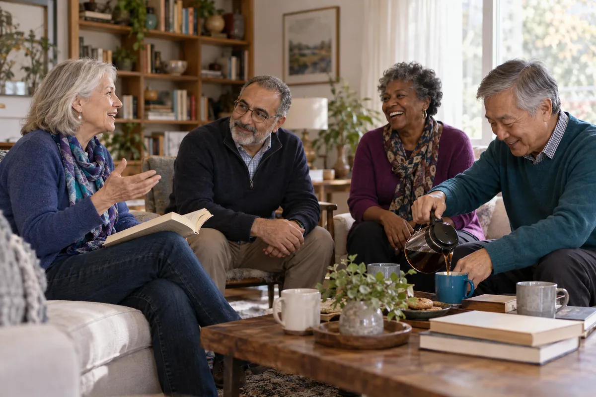 Four friends mid-discussion at their regular book club in a sunlit living room, one pouring coffee