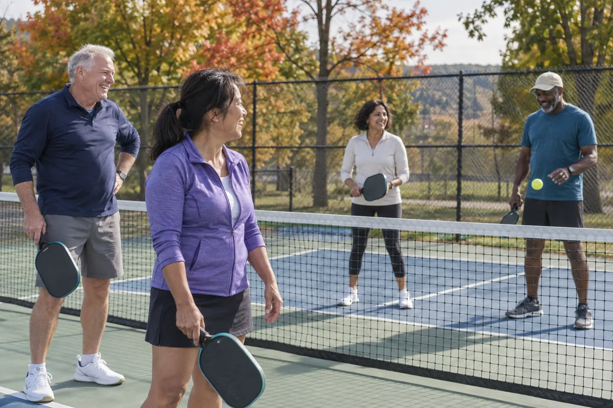 Four friends pausing between points in their regular weekly pickleball game on an outdoor court