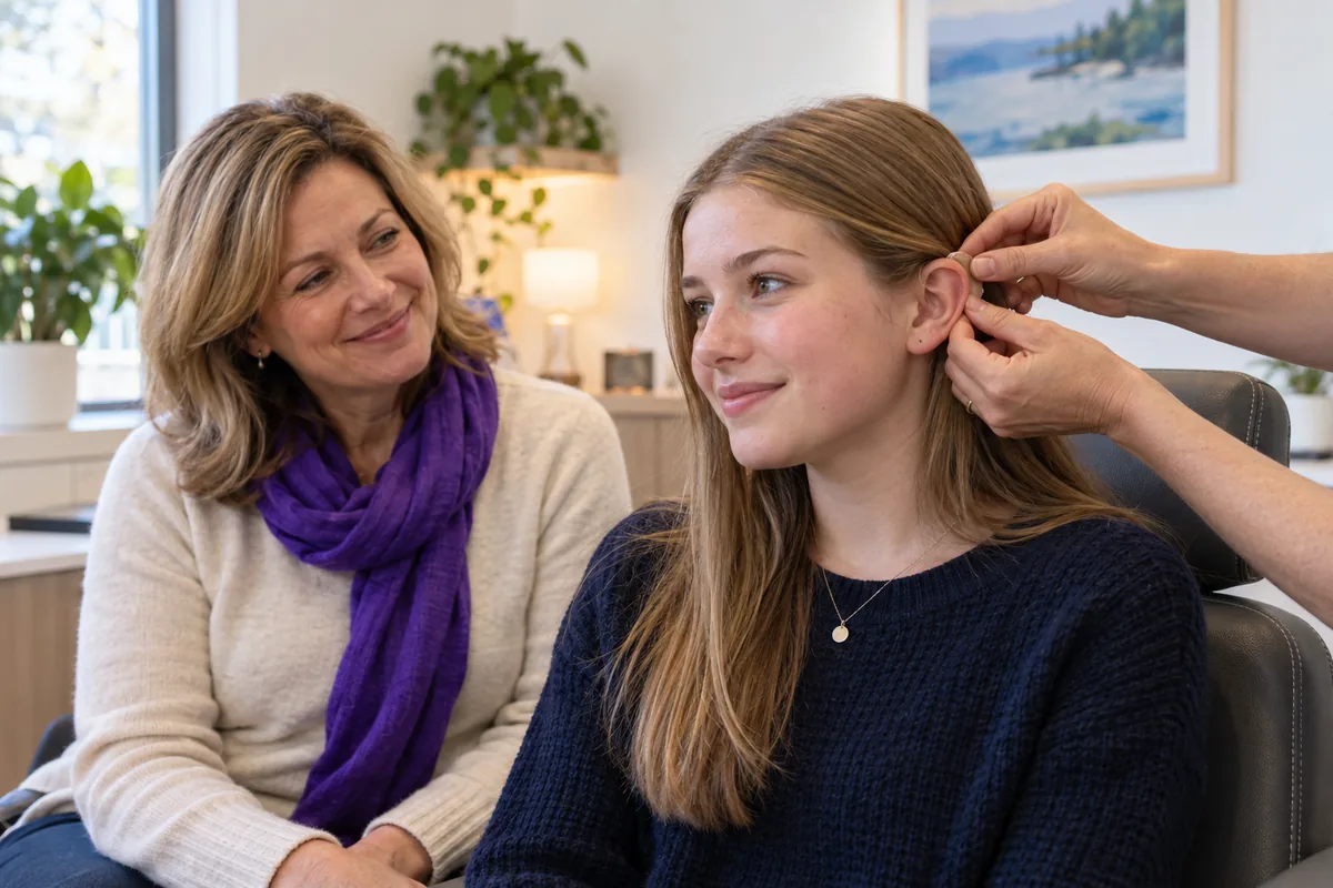 A teenage girl having a small receiver-in-canal hearing aid settled behind her ear, her mother beside her