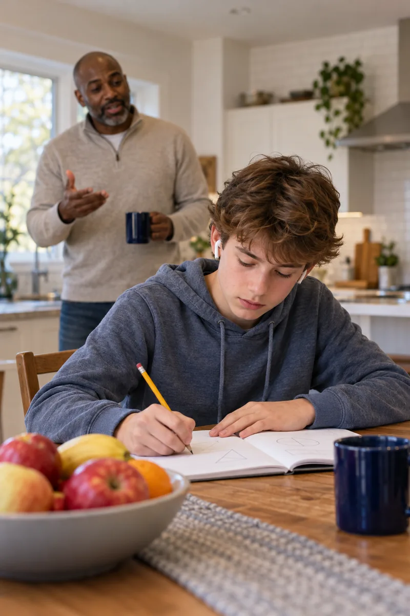 A boy of fourteen at the kitchen table with earbuds in, absorbed in his homework while his father talks to him from the counter