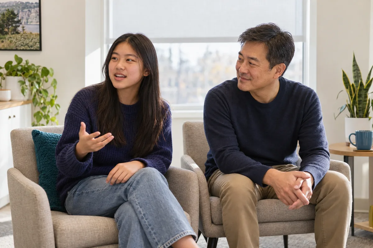A teenage girl and her father in consulting room chairs, the girl describing something with her hand