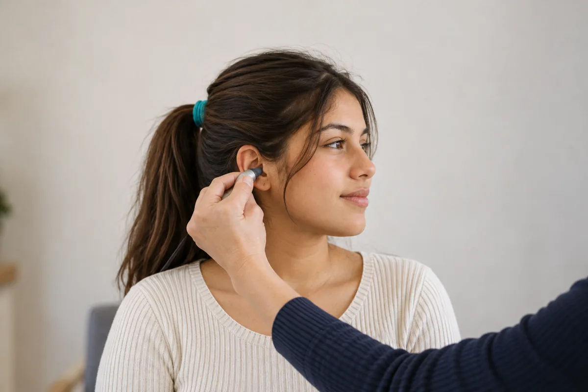 A teenage girl in profile while a small soft-tipped probe rests at the entrance of her ear for a middle ear test