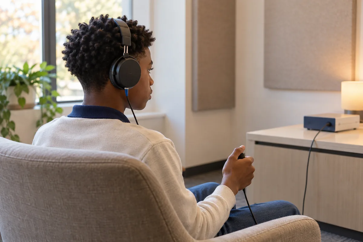 A teenage boy wearing headphones in a testing room, pressing a handheld response button
