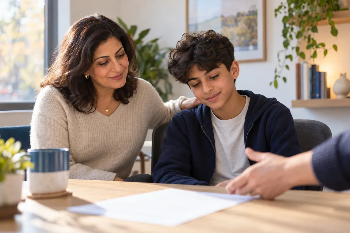 A mother and her twelve-year-old son leaning in at a desk as their results are explained