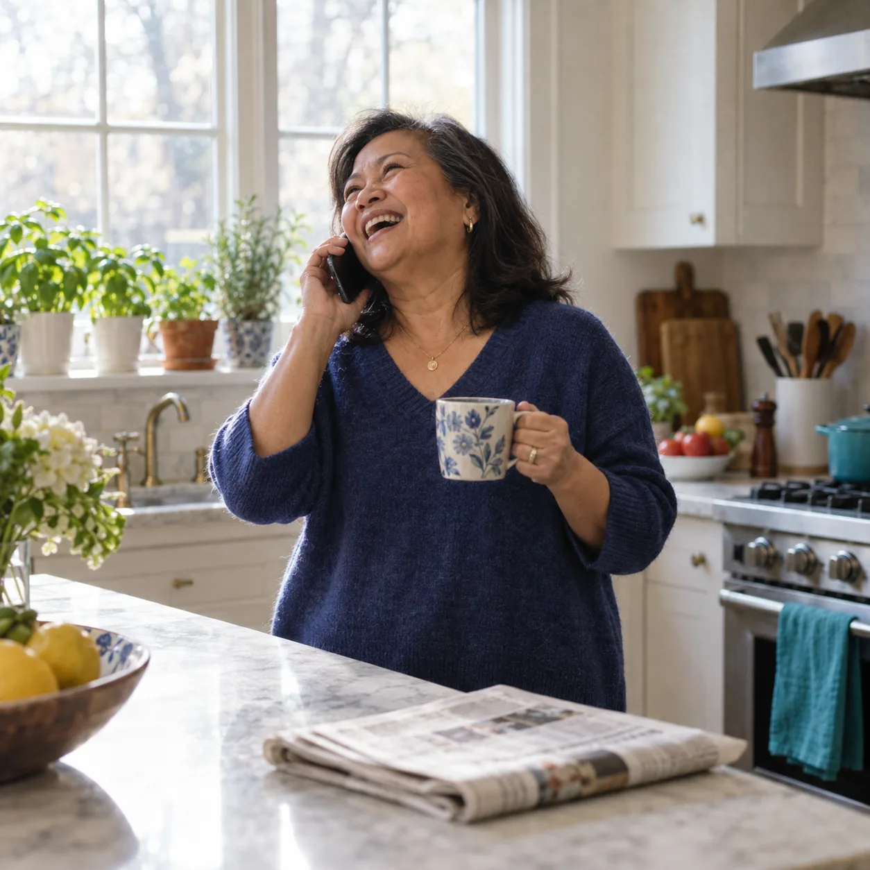 A woman in her sixties laughing on the phone at her kitchen counter, a mug of tea in her free hand