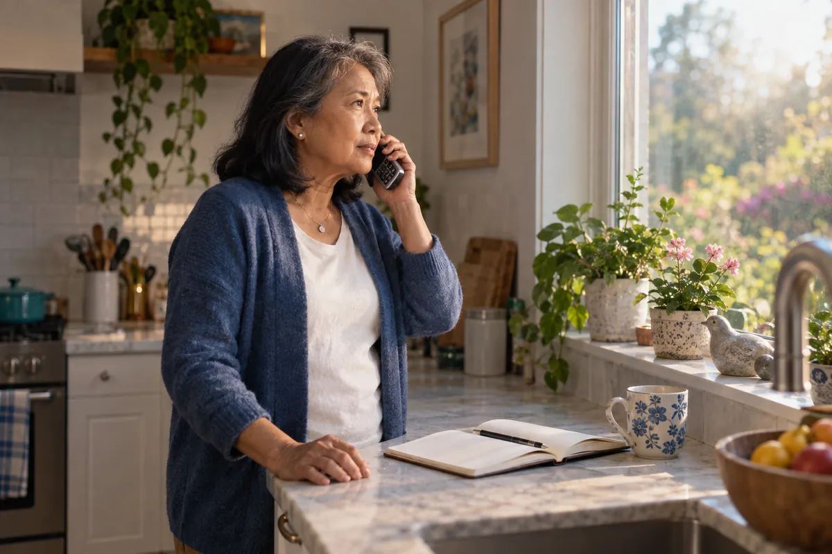 A woman in her sixties at a kitchen window holding a cordless phone close to her ear, concentrating on the call